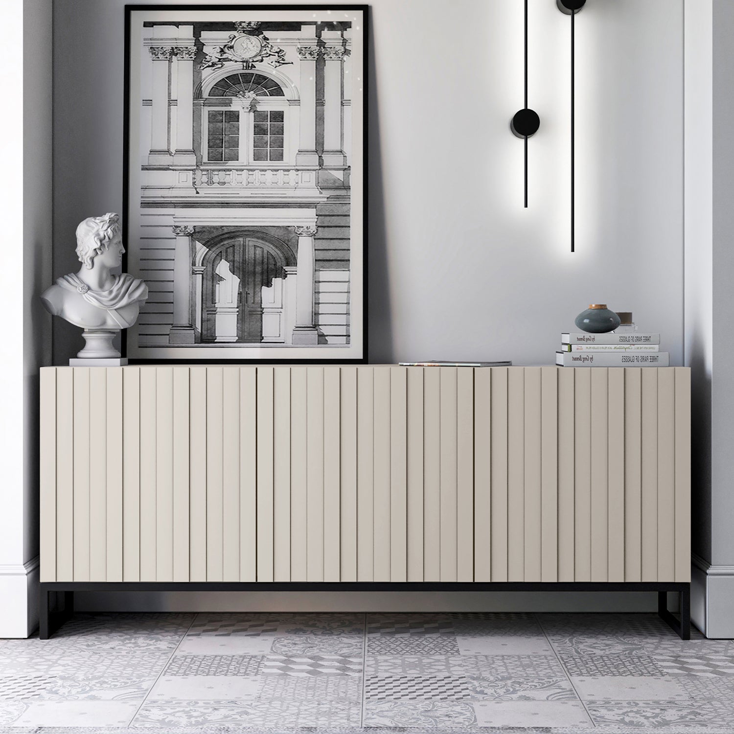 Elpis Glamour 3 Door Sideboard Push-to-Open Cabinet - Cashmere Matt / Black Frame