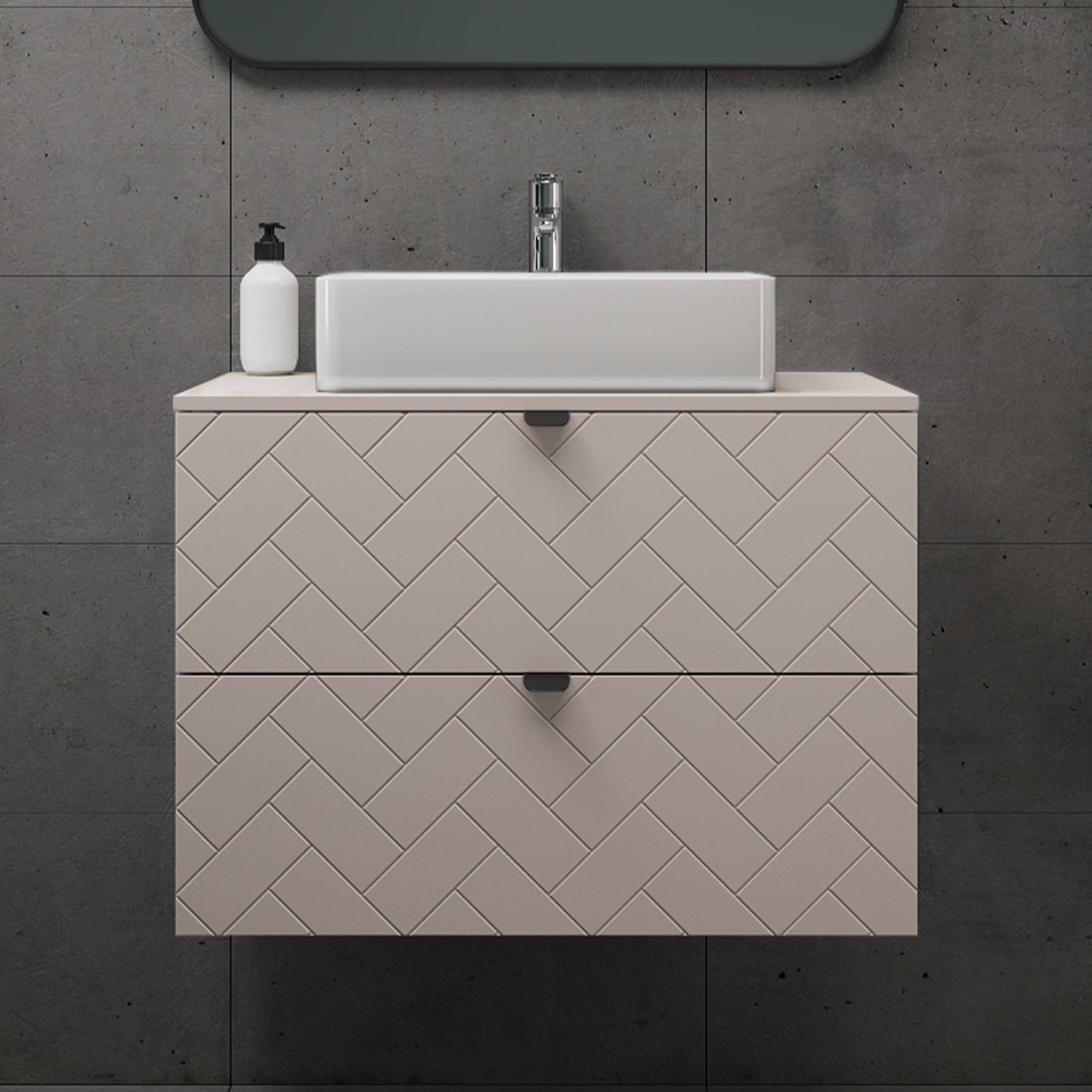 Trend Herringbone Pattern Door 80cm Bathroom Cabinet Vanity Unit with Worktop - Cashmere
