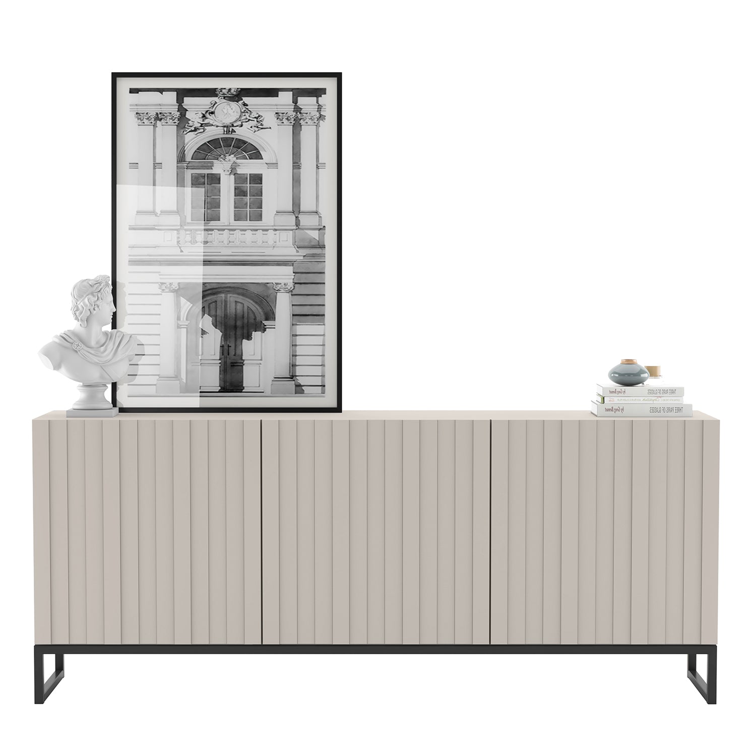 Elpis Glamour 3 Door Sideboard Push-to-Open Cabinet - Cashmere Matt / Black Frame