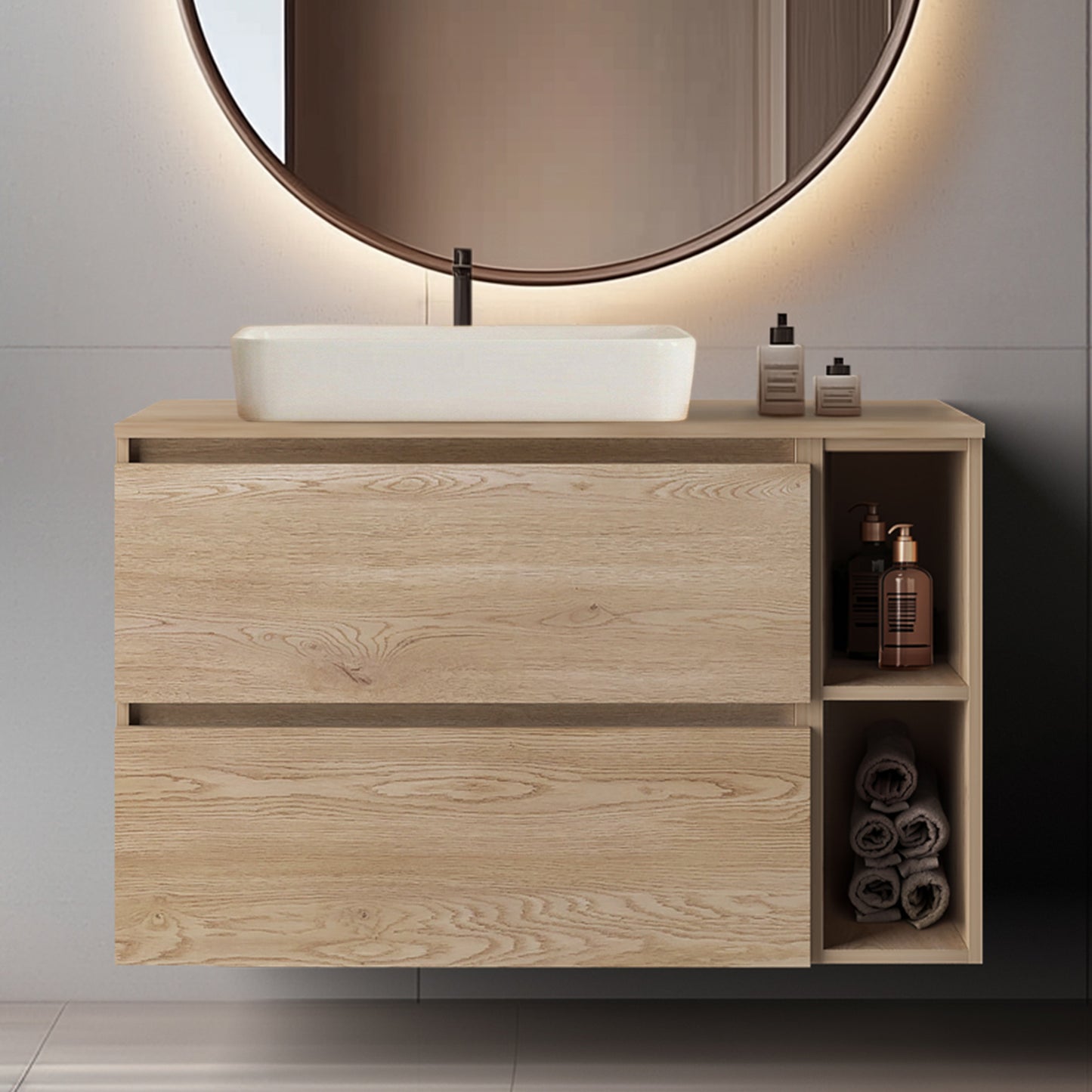 Simple Minimalist Bathroom Vanity Cabinet 100cm with Worktop Basin - Light Oak