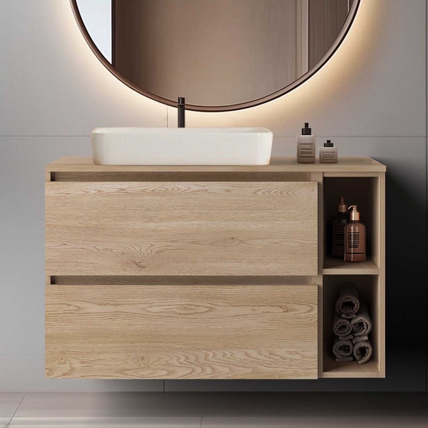 Simple Minimalist Bathroom Vanity Cabinet 100cm with Worktop Basin - Light Oak