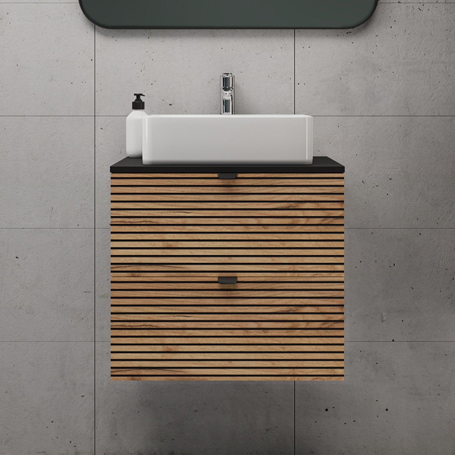 Loft Modern Style Ribbed Door 60cm Bathroom Cabinet Vanity Unit with Worktop - Gold Craft Oak