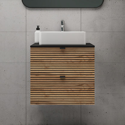 Loft Modern Style Ribbed Door 60cm Bathroom Cabinet Vanity Unit with Worktop - Gold Craft Oak