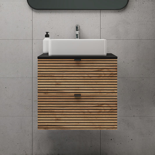 Loft Modern Style Ribbed Door 60cm Bathroom Cabinet Vanity Unit with Worktop - Gold Craft Oak