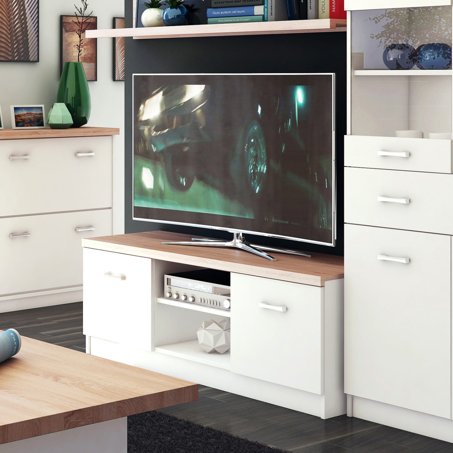 Top Mix Contemporary Compact TV Unit with Storage - White / Sonoma Oak