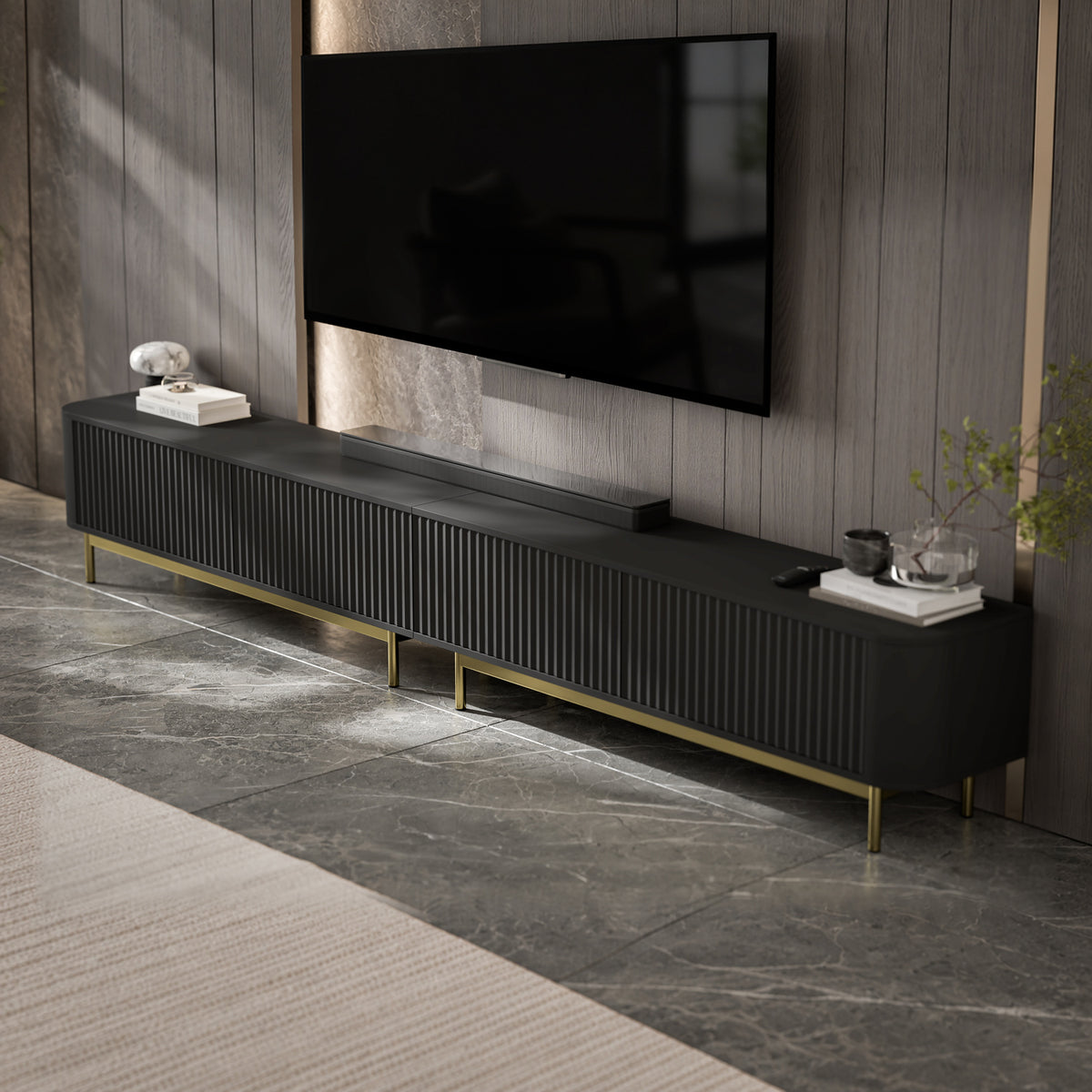 Aurora Rouded Corners Flutted TV Unit 280cm Glamour Style with Frame Legs - Black / Gold Frame