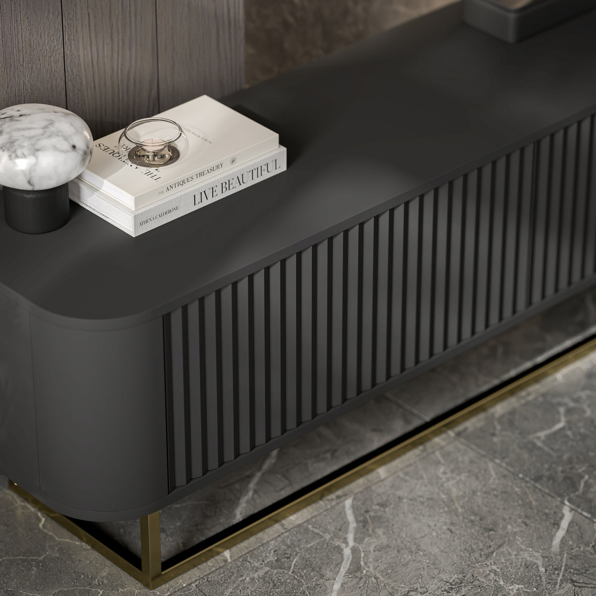 Aurora Rouded Corners Flutted TV Unit 280cm Glamour Style with Frame Stand - Black / Gold Frame