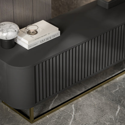 Aurora Rouded Corners Flutted TV Unit 280cm Glamour Style with Frame Stand - Black / Gold Frame