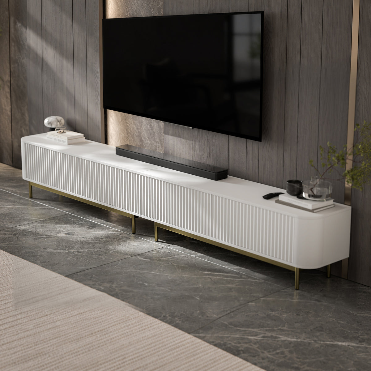 Aurora Rouded Corners Flutted TV Unit 280cm Glamour Style with Frame Legs - White / Gold Frame
