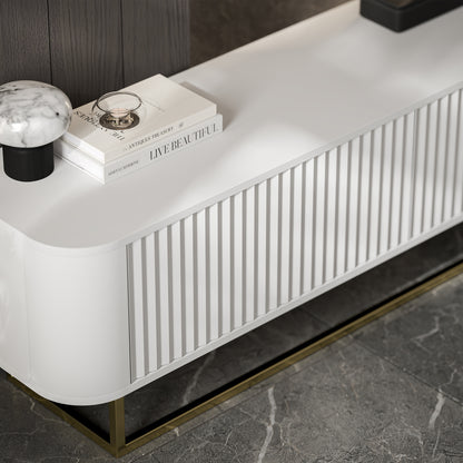Aurora Rouded Corners Flutted TV Unit 280cm Glamour Style with Frame Stand - White / Gold Frame