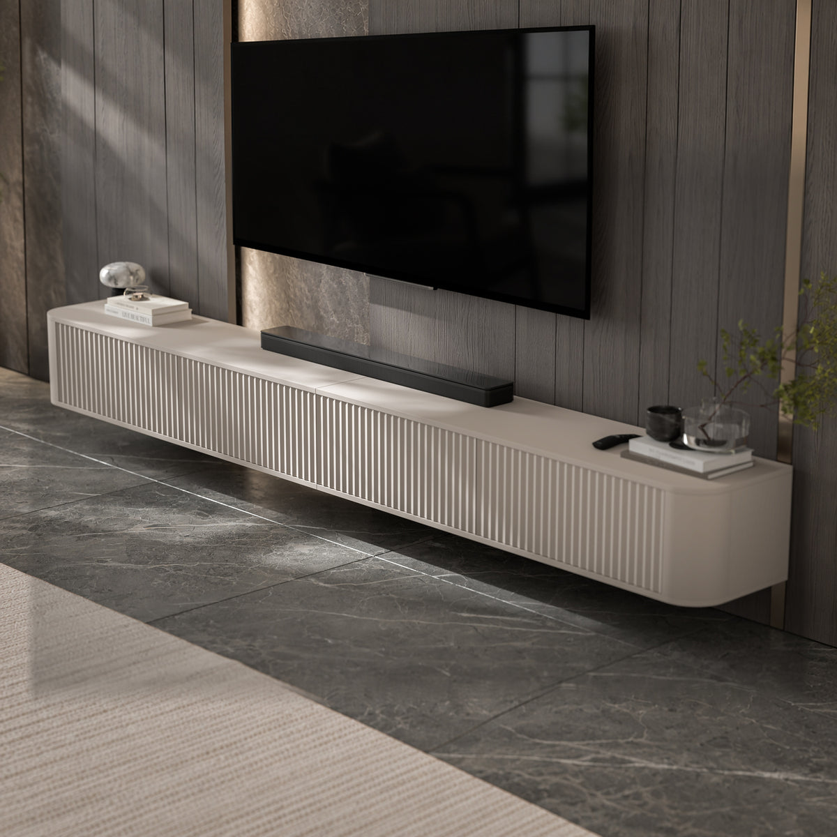 Aurora Rouded Corners Wall Mounted Flutted TV Unit 280cm Glamour Style - Cashmere