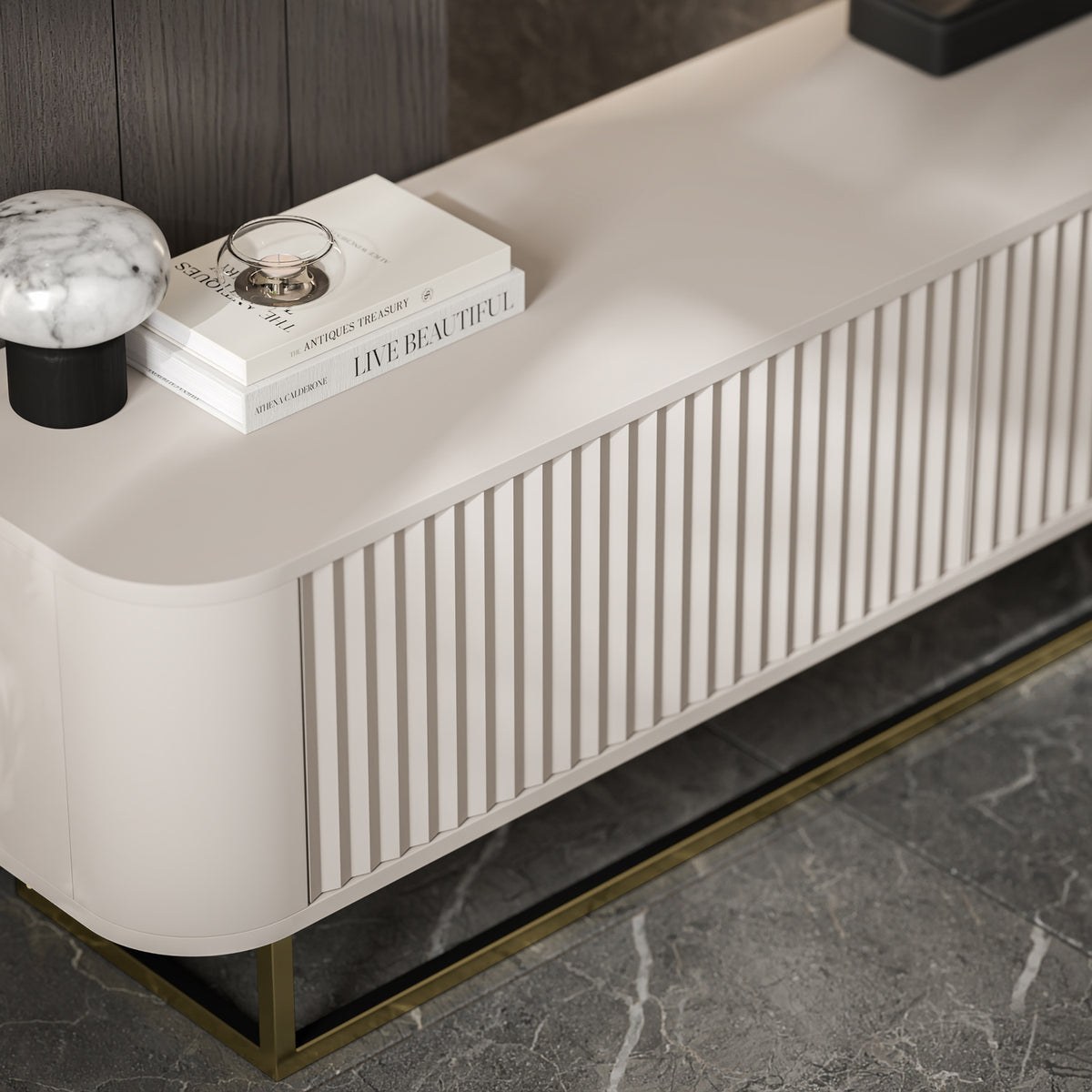 Aurora Rouded Corners Flutted TV Unit 280cm Glamour Style with Frame Stand - Cashmere / Gold Frame