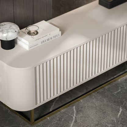 Aurora Rouded Corners Flutted TV Unit 280cm Glamour Style with Frame Stand - Cashmere / Gold Frame