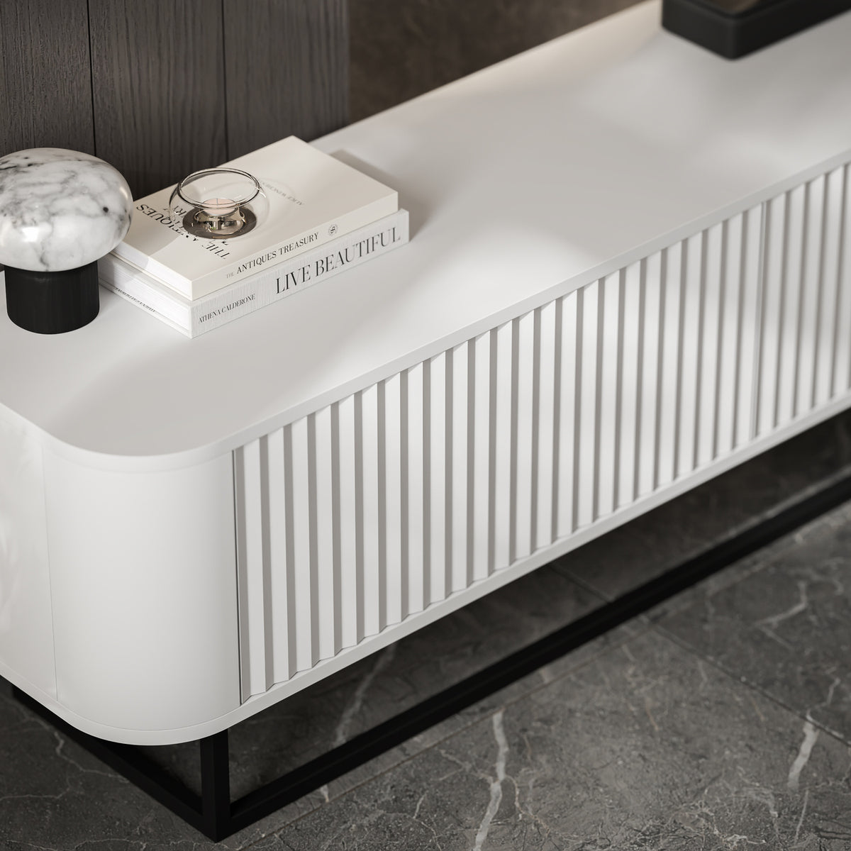 Aurora Rouded Corners Flutted TV Unit 280cm Glamour Style with Frame Stand - White / Black Frame