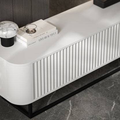 Aurora Rouded Corners Flutted TV Unit 280cm Glamour Style with Frame Stand - White / Black Frame