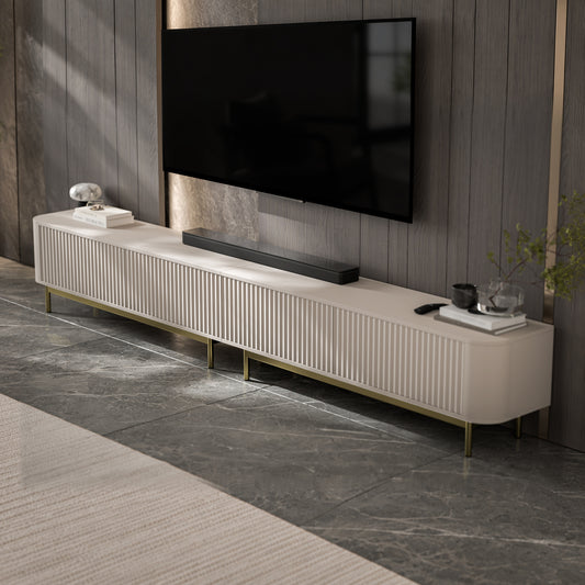 Aurora Rouded Corners Fluted TV Unit 280cm Glamour Style with Frame Legs - Cashmere / Gold Frame