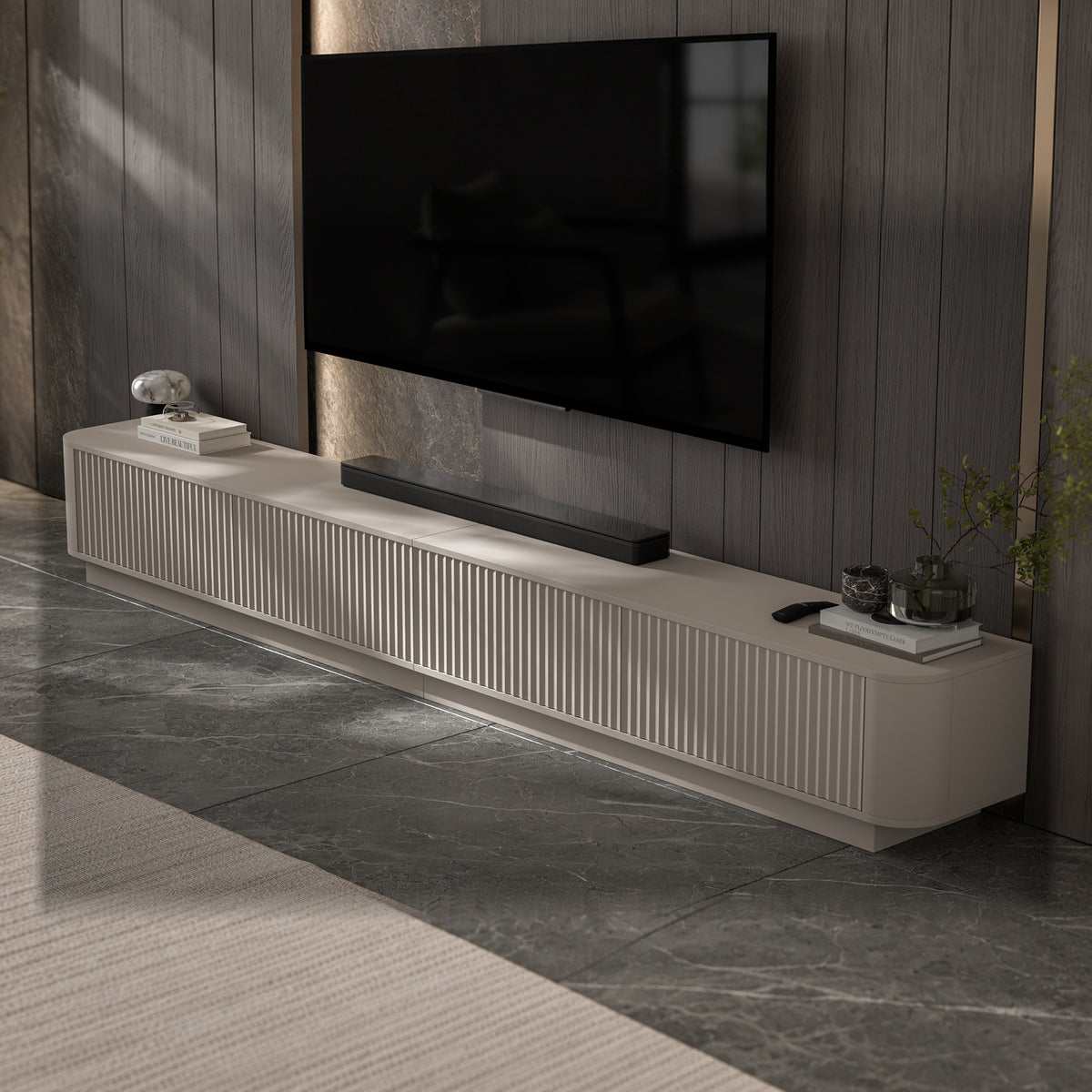 Aurora Rouded Corners Flutted TV Unit 280cm Glamour Style with Plinth Stand - Cashmere
