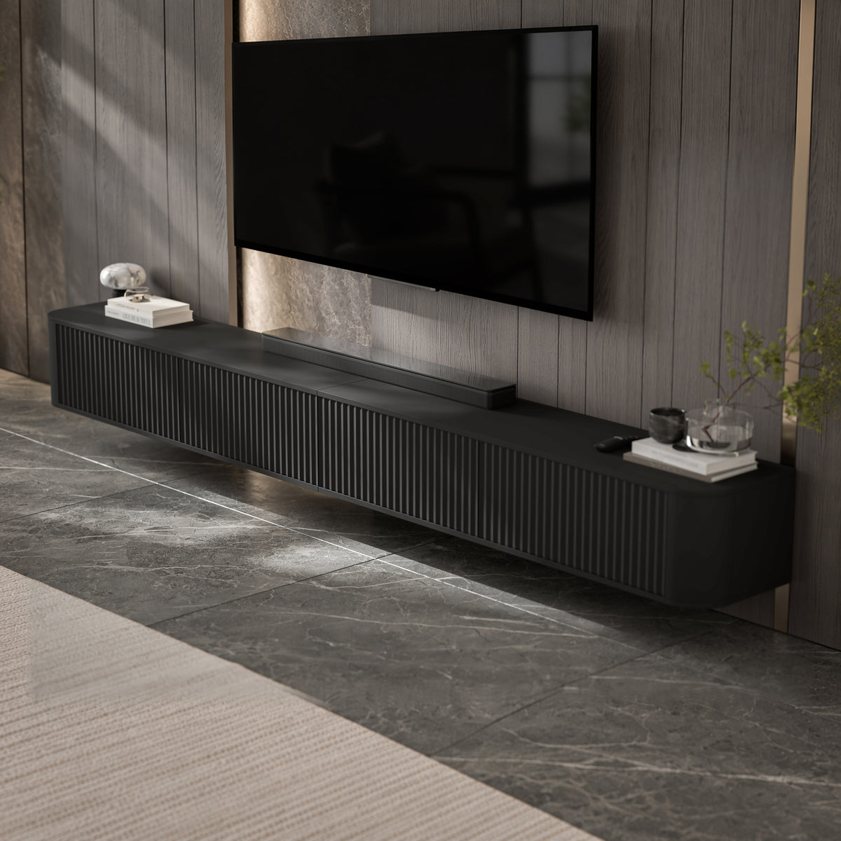 Aurora Rouded Corners Wall Mounted Flutted TV Unit 280cm Glamour Style - Black