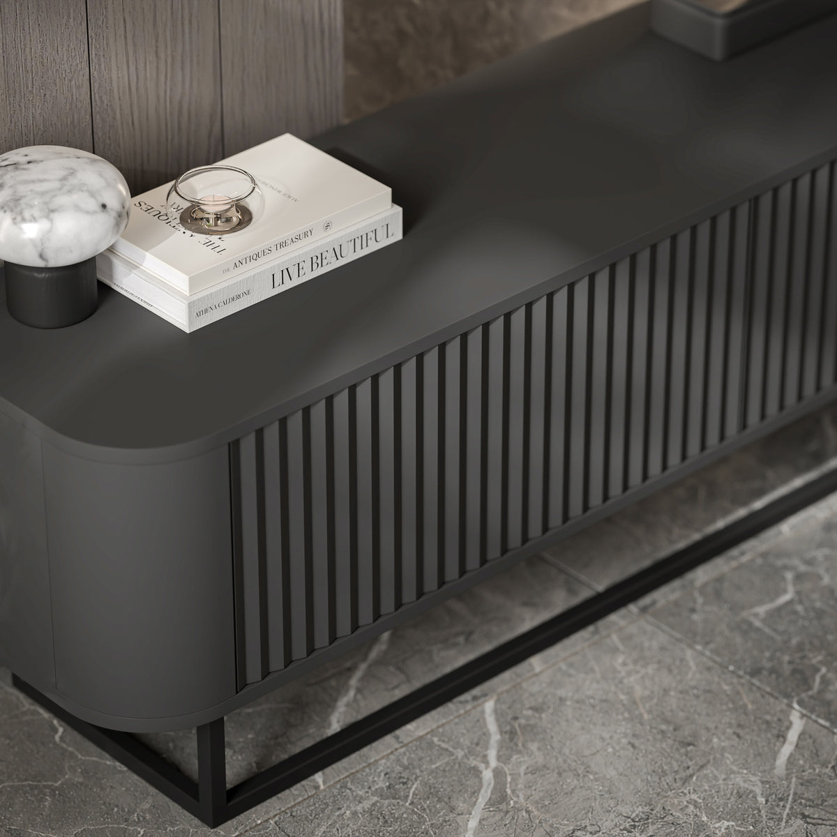 Aurora Rouded Corners Flutted TV Unit 280cm Glamour Style with Frame Stand - Black / Black Frame