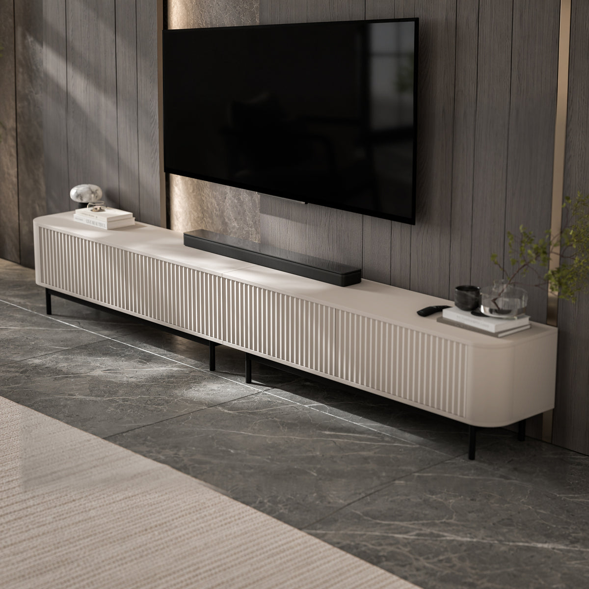 Aurora Rouded Corners Flutted TV Unit 280cm Glamour Style with Frame Legs - Cashmere / Black Frame