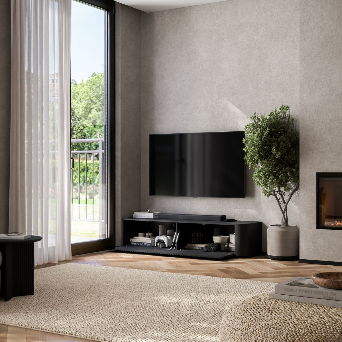 Aurora Rounded Corner Flutted TV Unit 140cm Glamour Style with Floor Pads - Black