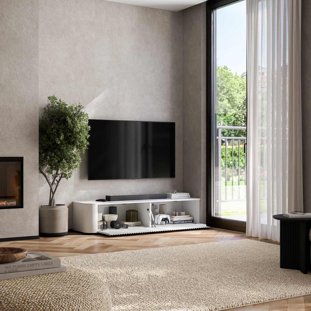 Aurora Rounded Corner Fluted TV Unit 140cm Glamour Style with Floor Pads - White