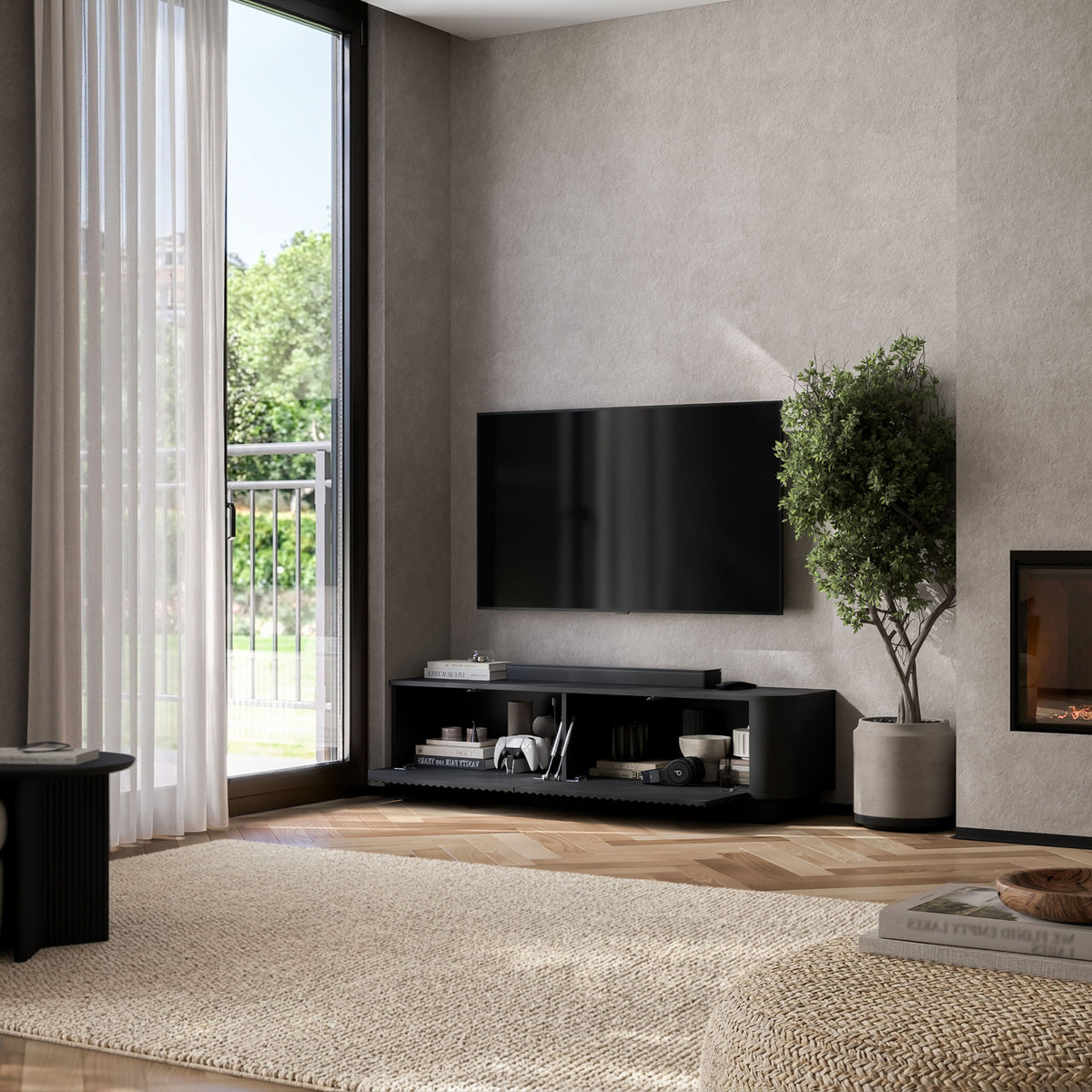Aurora Rounded Corner Flutted TV Unit 140cm Glamour Style with Plinth Stand - Black