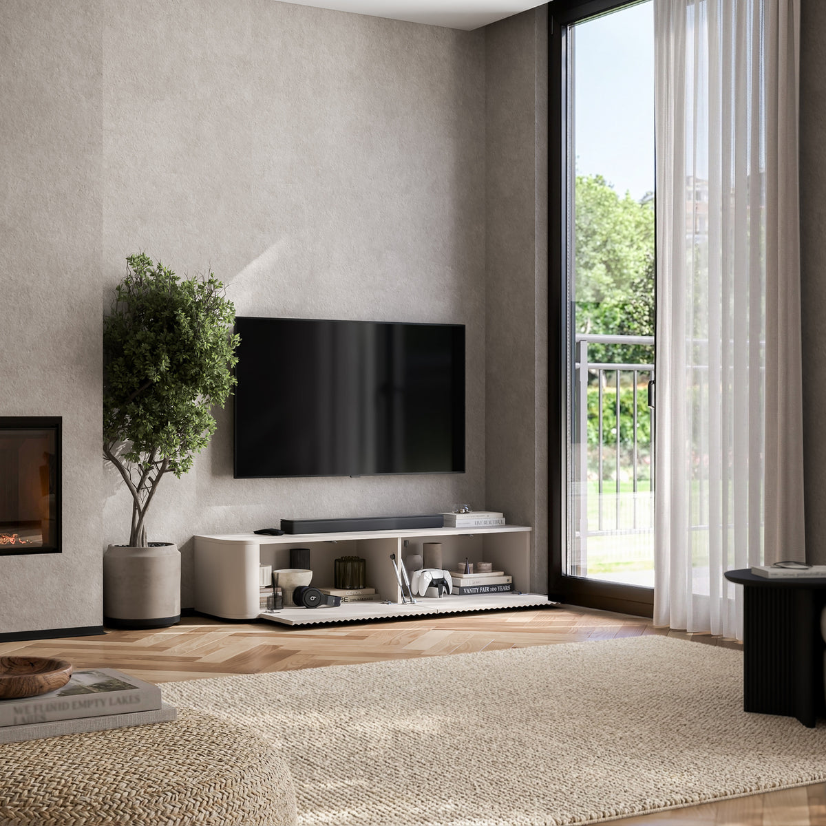 Aurora Rounded Corner Fluted TV Unit 140cm Glamour Style with Floor Pads - Cashmere