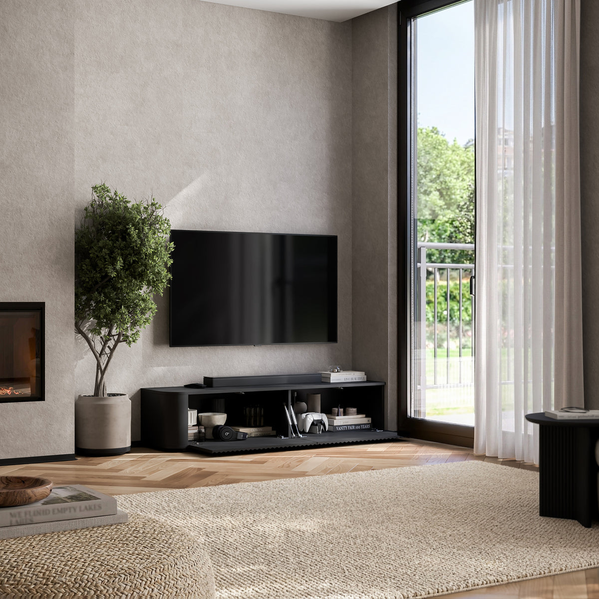 Aurora Rounded Corner Flutted TV Unit 140cm Glamour Style with Floor Pads - Black
