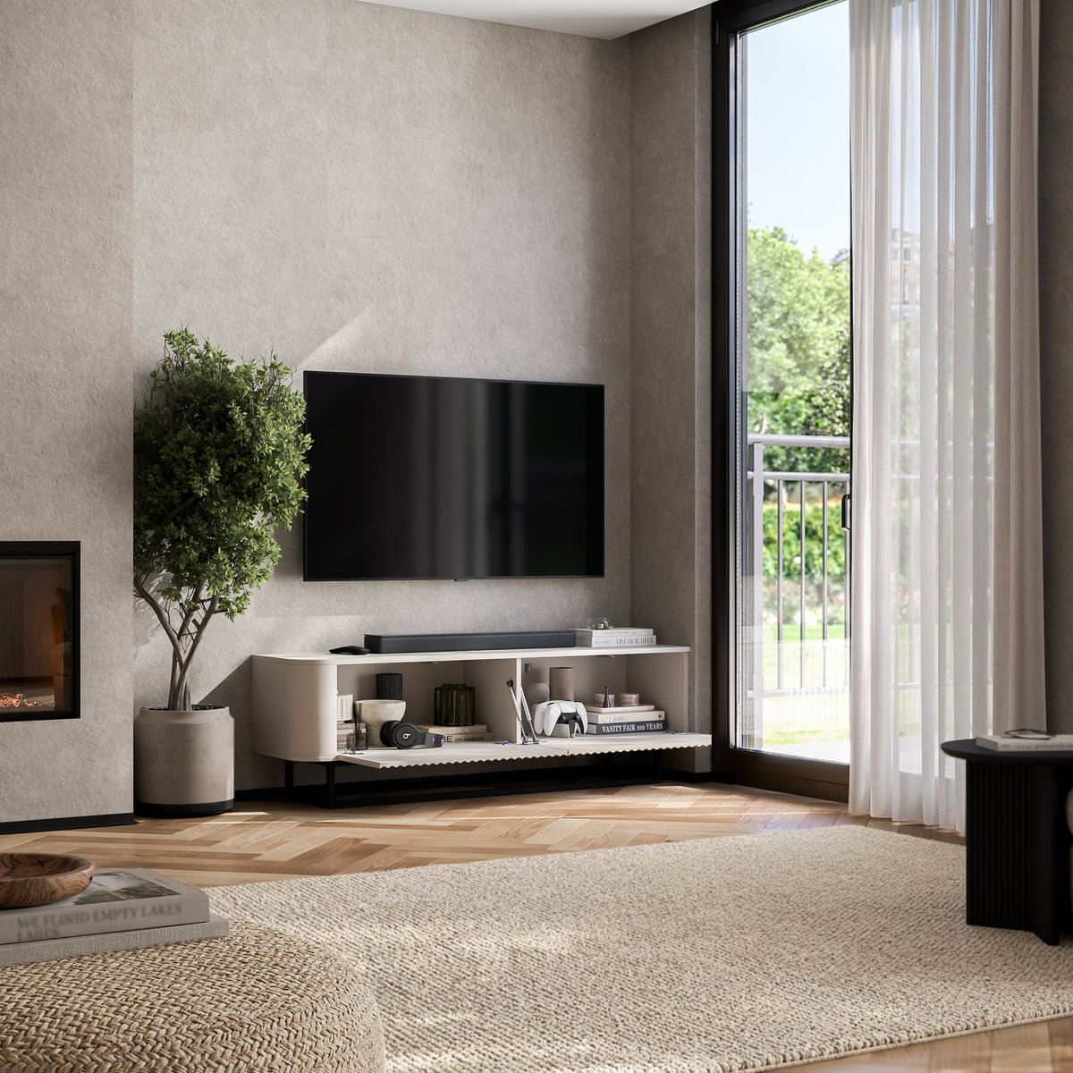 Aurora Rounded Corner Fluted TV Unit 140cm Glamour Style with Frame Stand - Cashmere / Black