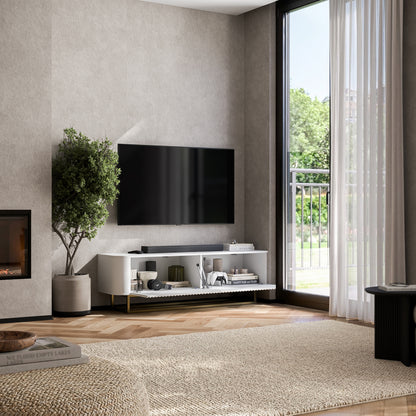 Aurora Rounded Corner Fluted TV Unit 140cm Glamour Style with Frame Stand - White / Gold