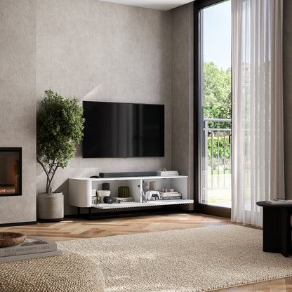 Aurora Rounded Corner Fluted TV Unit 140cm Glamour Style with Frame Stand - White / Black