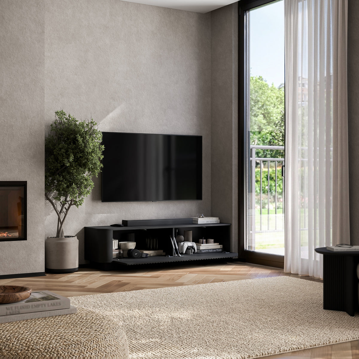 Aurora Rounded Corner Flutted TV Unit 140cm Glamour Style with Plinth Stand - Black