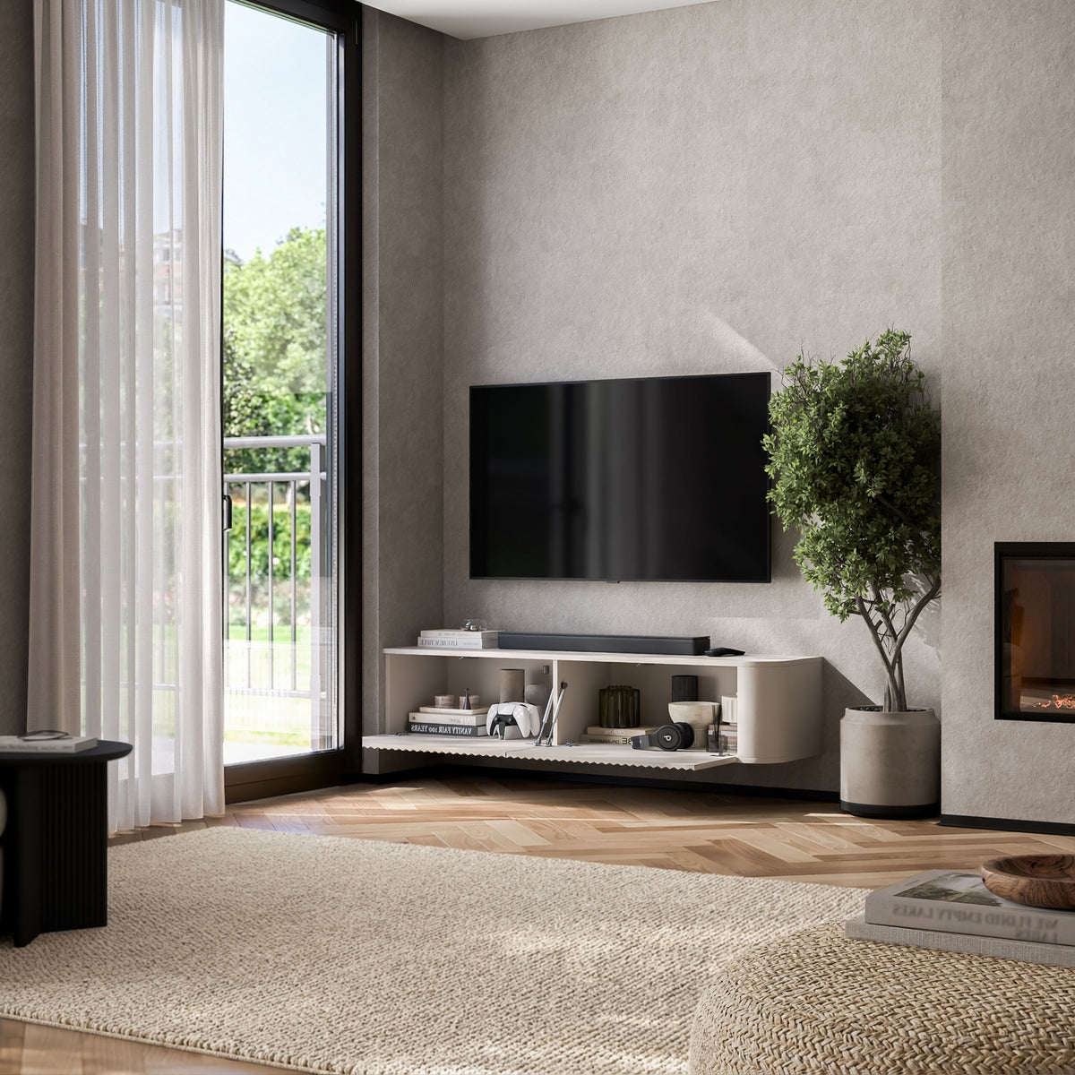 Aurora Rounded Corner Wall Mounted Flutted TV Unit 140cm Glamour Style - Cashmere