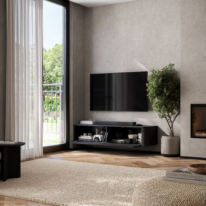 Aurora Rounded Corner Wall Mounted Flutted TV Unit 140cm Glamour Style - Black
