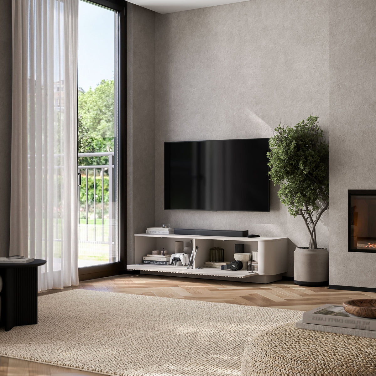 Aurora Rounded Corner Flutted TV Unit 140cm Glamour Style with Plinth Stand - Cashmere