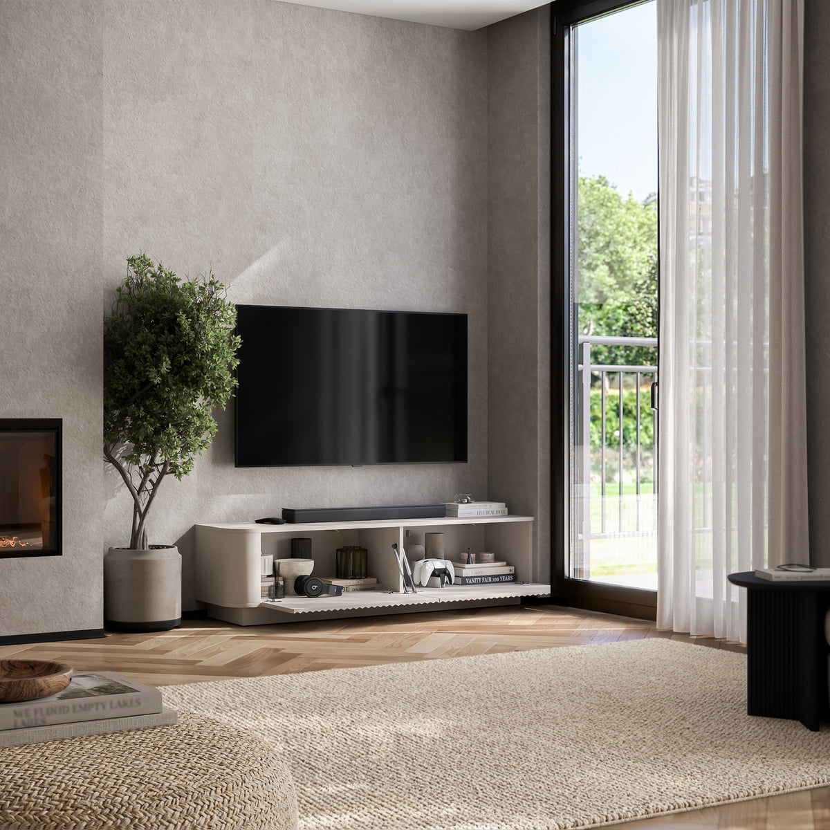 Aurora Rounded Corner Flutted TV Unit 140cm Glamour Style with Plinth Stand - Cashmere