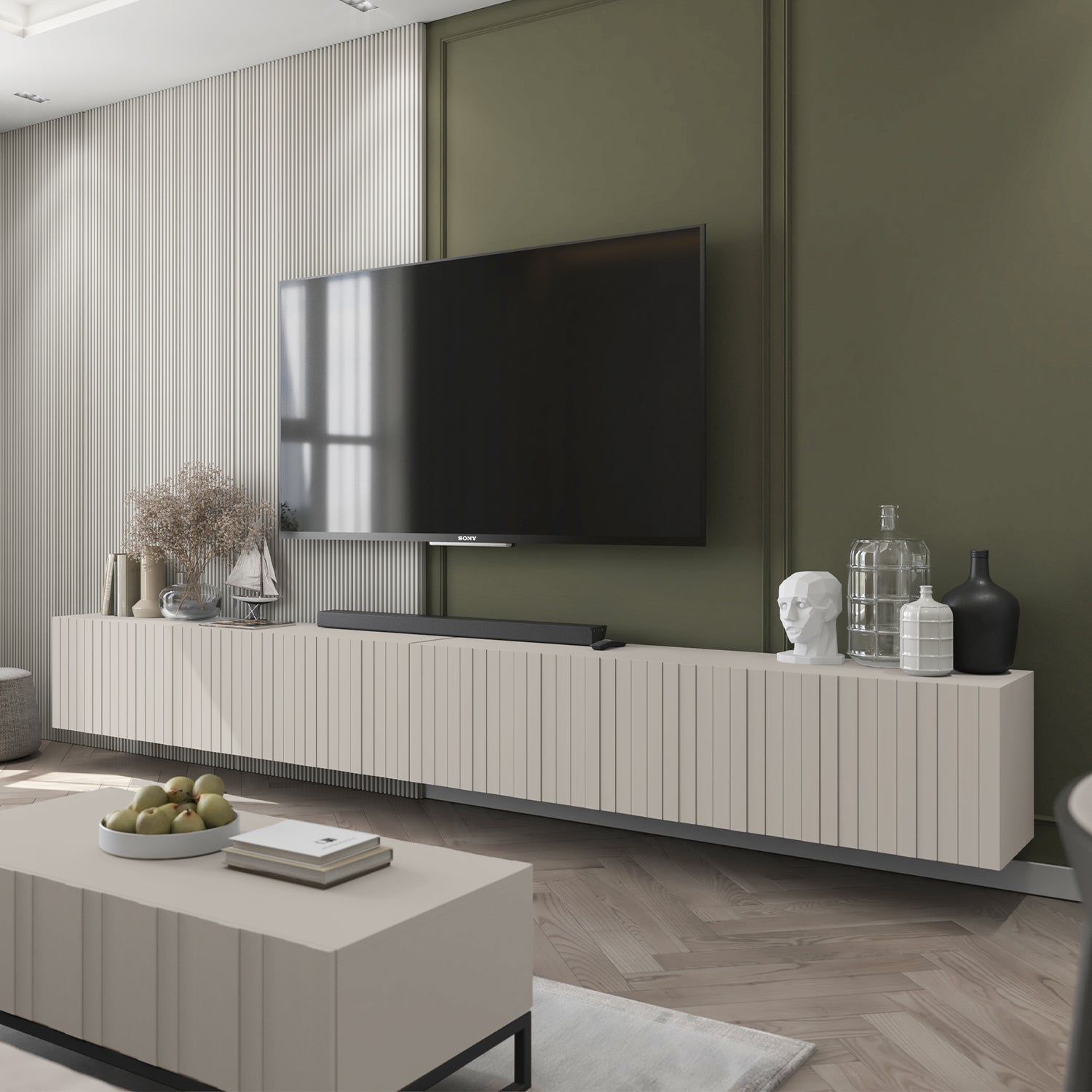 Elpis Glamour Wall-Mounted TV Cabinet with Storage Extra Long 8D 300cm - Cashmere Matt