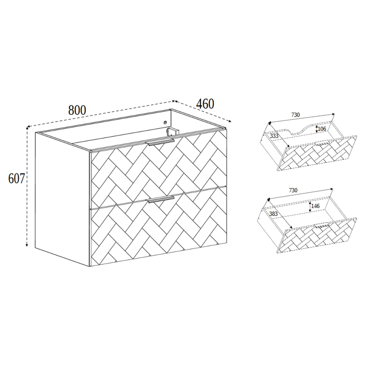 Trend Herringbone Pattern Door 80cm Bathroom Cabinet Vanity Unit with Worktop - Cashmere
