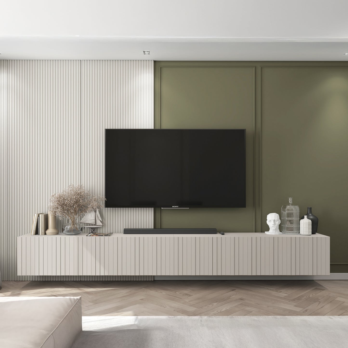 Elpis Glamour Wall-Mounted TV Cabinet with Storage Extra Long 8D 300cm - Cashmere Matt