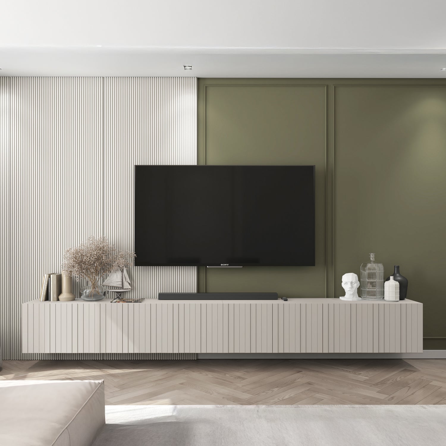 Elpis Glamour Wall-Mounted TV Cabinet with Storage Extra Long 8D 300cm - Cashmere Matt
