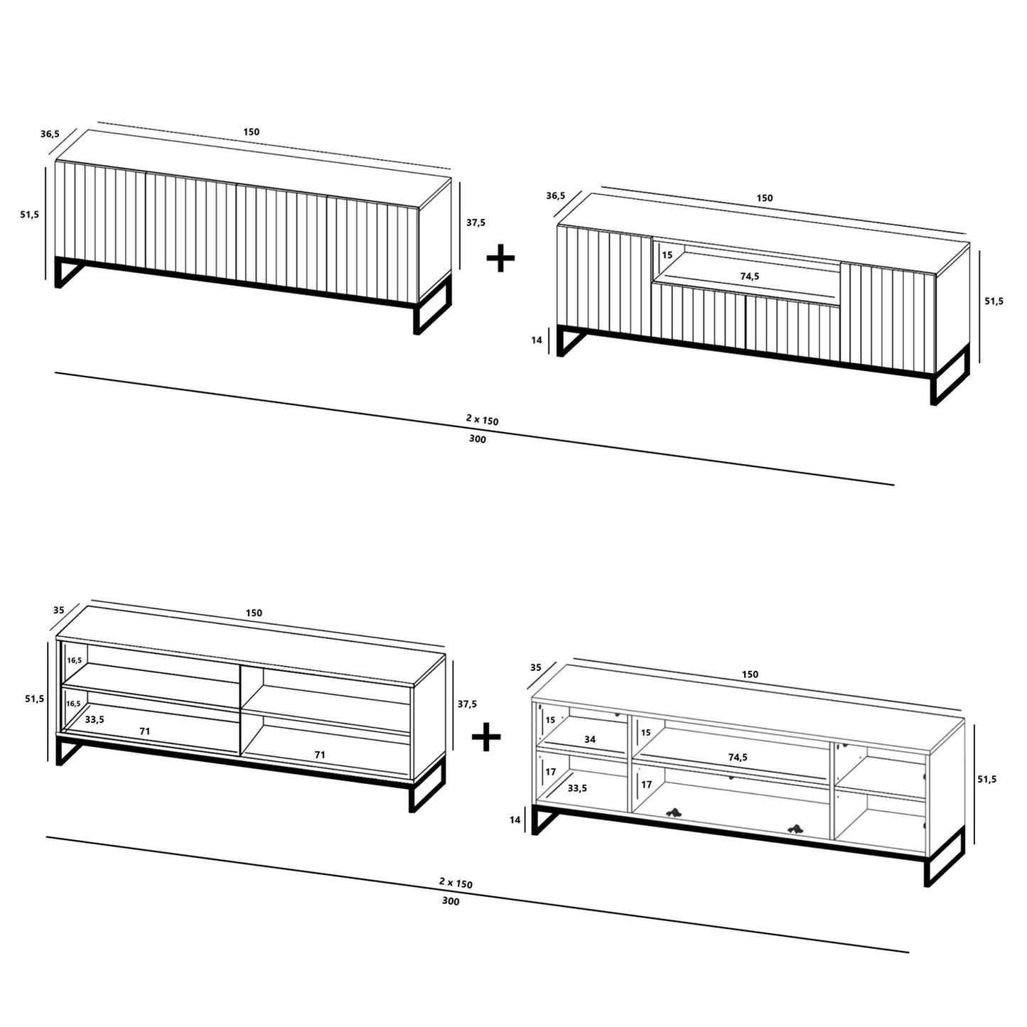 Elpis Glamour Wall-Mounted TV Cabinet with Storage Extra Long 4DK 300cm - Cashmere