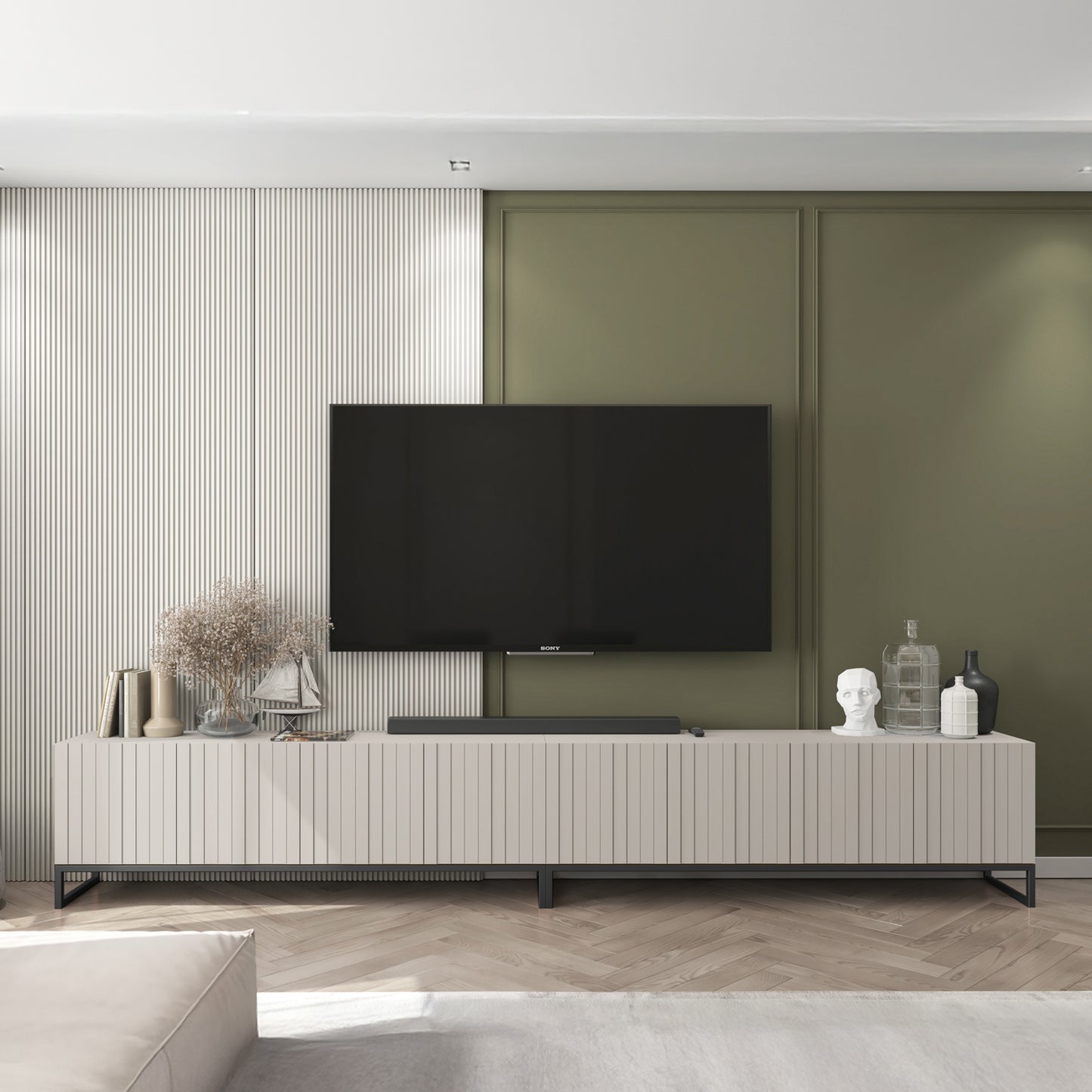 Elpis Glamour Standing TV Cabinet Media Unit with Storage Extra Long 8D 300cm - Cashmere Matt / Black Frame