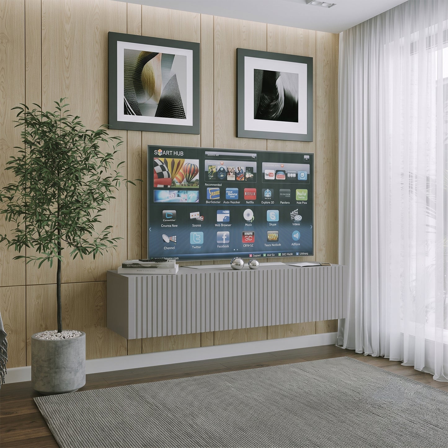 Joyce Wall Mounted TV Unit Modern Fluted Matt Finish 150cm - Arctic Grey
