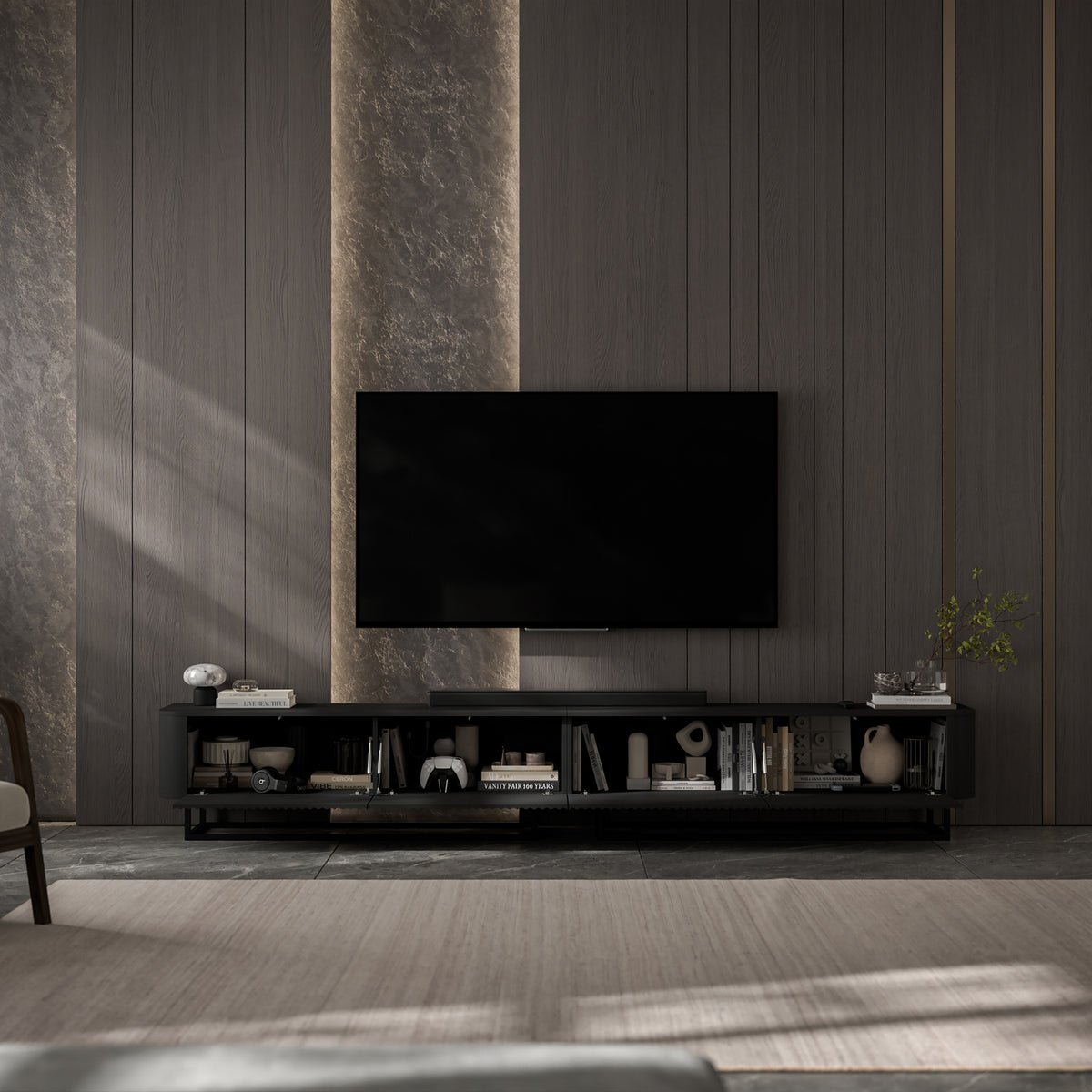 Aurora Rouded Corners Flutted TV Unit 280cm Glamour Style with Frame Stand - Black / Black Frame