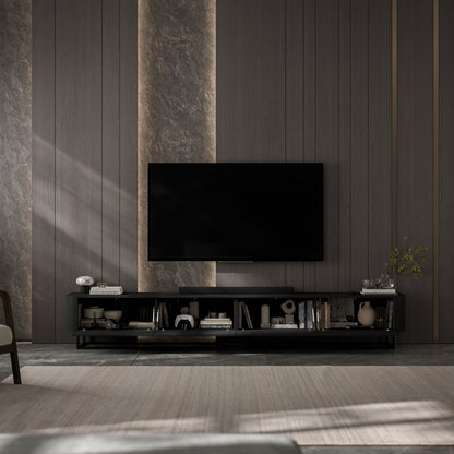 Aurora Rouded Corners Flutted TV Unit 280cm Glamour Style with Frame Stand - Black / Black Frame