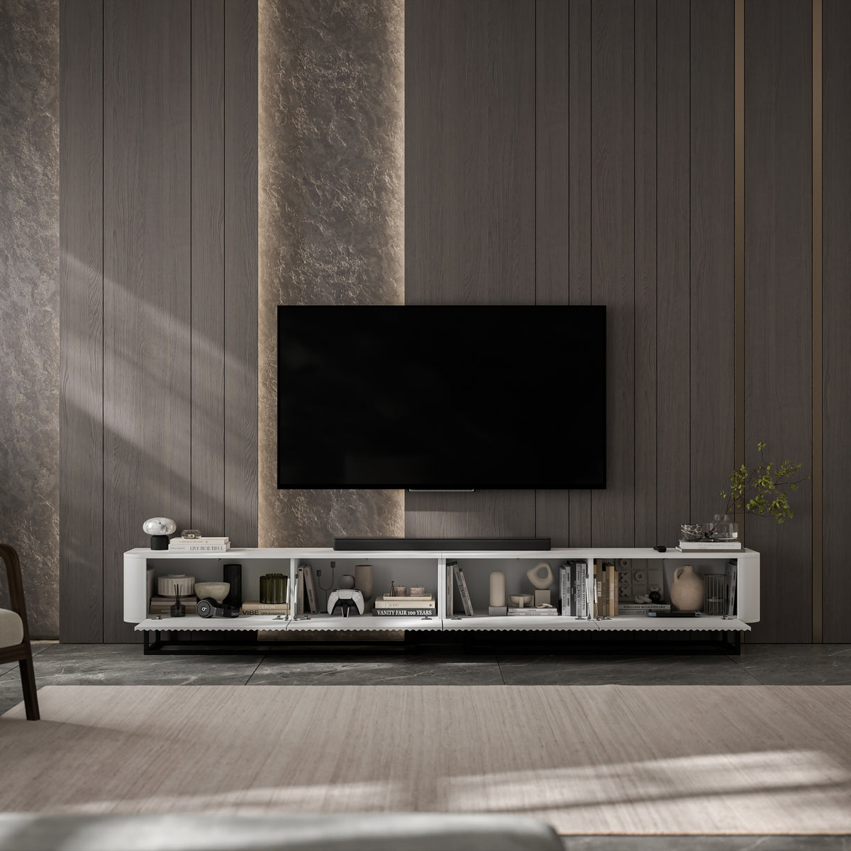 Aurora Rouded Corners Flutted TV Unit 280cm Glamour Style with Frame Stand - White / Black Frame