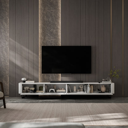 Aurora Rouded Corners Flutted TV Unit 280cm Glamour Style with Frame Stand - White / Black Frame