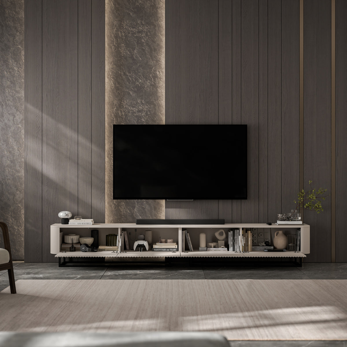 Aurora Rouded Corners Flutted TV Unit 280cm Glamour Style with Frame Stand - Cashmere / Black Frame