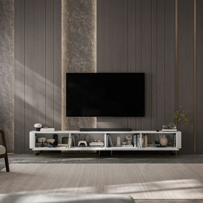 Aurora Rouded Corners Flutted TV Unit 280cm Glamour Style with Frame Stand - White / Gold Frame